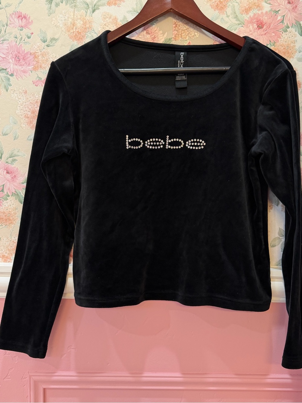 bebe Black Velvet Long-Sleeve Logo Top